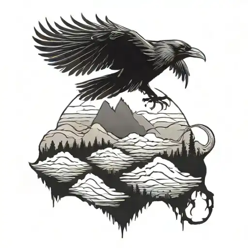 A Blackwork Tattoo Of A Raven Flying Over A Dayz Inspired Landscape