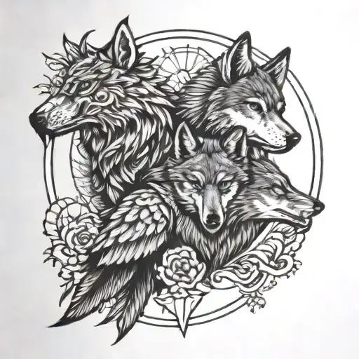 Two Wolves And Eagle Perched