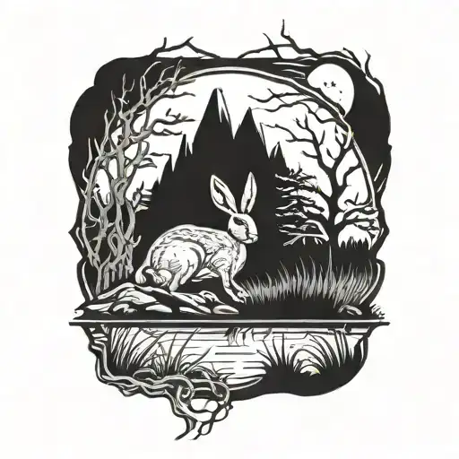 Burning Hare In The Ocean Marsh Scenery Tattoo Featuring Dead Tree In Front Of A Black Background