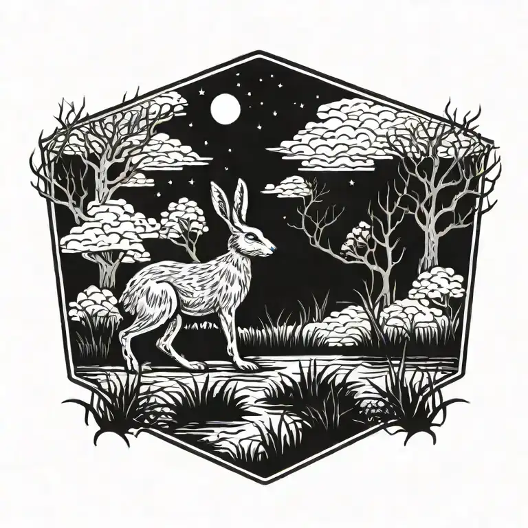 Burning Hare In The Swamp Marsh Scenery Tattoo Featuring Dead Trees In Front Of A Black Night Sky
