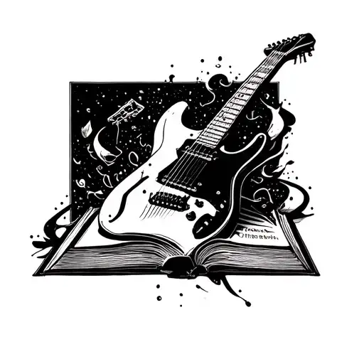 A Guitar Merging With A Book To Create A Sci-fi Themed Tattoo Design