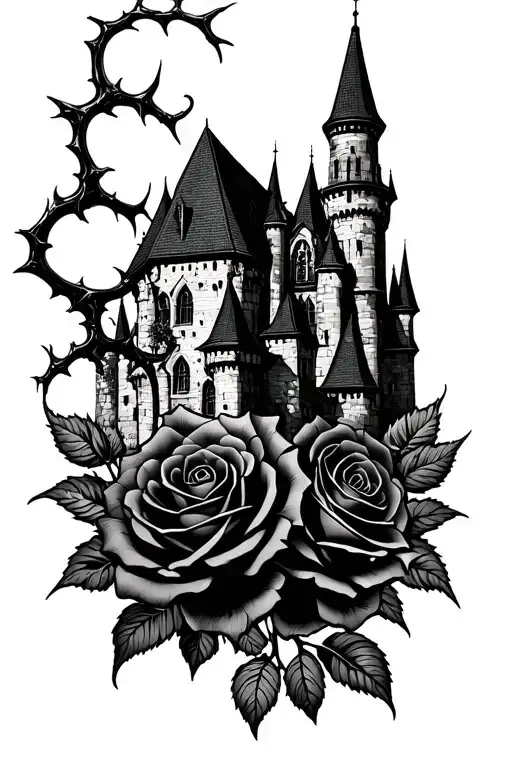 Black Roses With Thorns In Front Of Gothic Castle