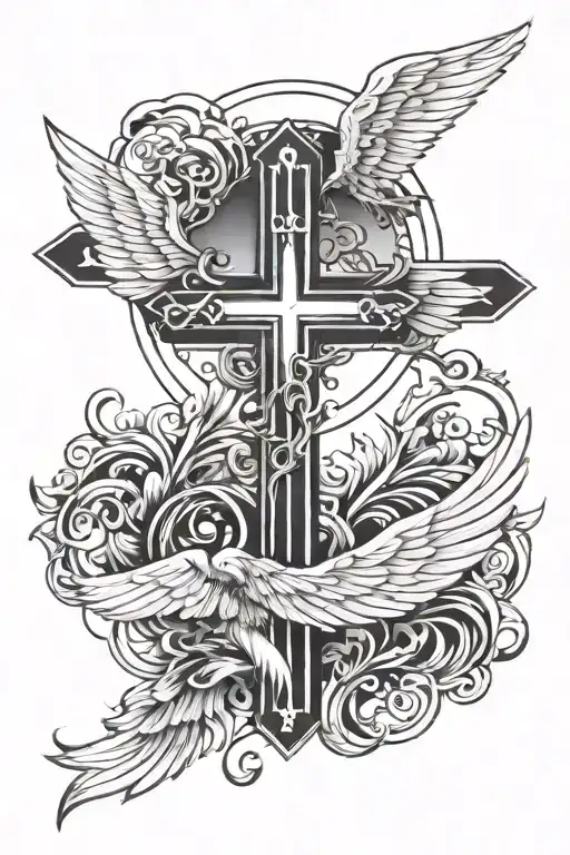 Cross Surrounded With Wings And An Angel Above