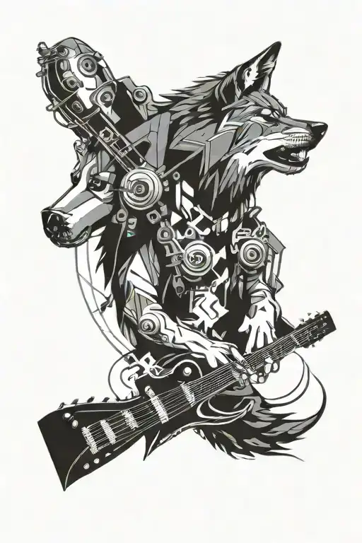 A Tattoo Design Combining A Wolf And A Guitar In A Futuristic Technology Theme