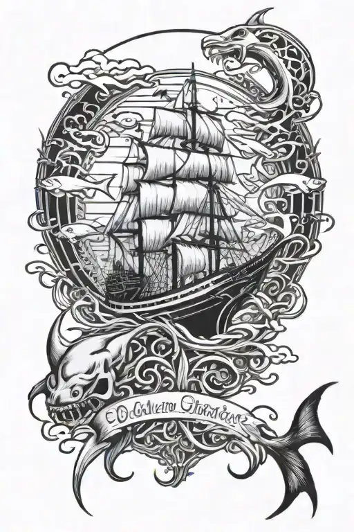 A Ship Fishing With A Ocean Behind With Shark And Octopus