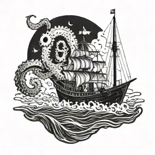 A Fishing Boat In A Ocean With A Octopus Behind Him