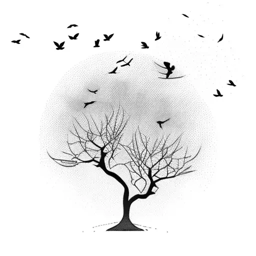 Tree With Birds Flying Off