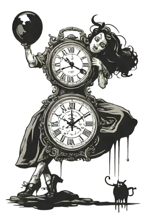 Bansky Girl Holding Balloon Floating And Dali Melting Clock