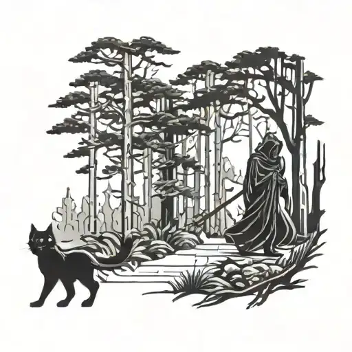Grim Reaper And Black Cat Walking Next To Each In The Woods