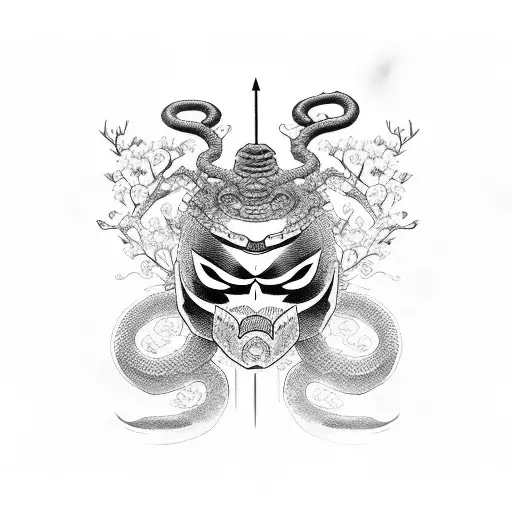 Katana With Oni Mask Snake And Cherry Blossom Tree