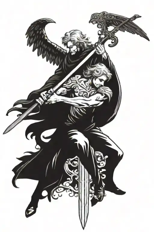 Angel And Filigree Man Holding Sword