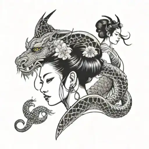 Oriental Female Tattoo On The Back Of A Geisha And A Dragon