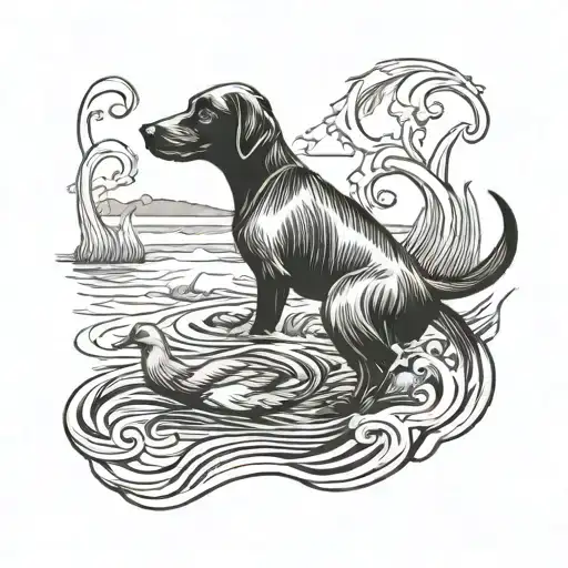 A Stylized Blackwork Tattoo Of A Hunting Dog Retrieving A Duck From The Water