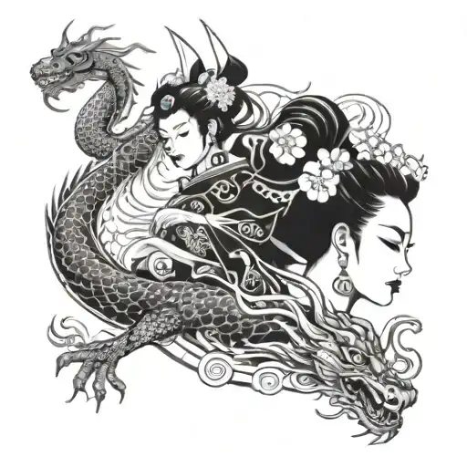 Large Oriental Female Geisha And Dragon