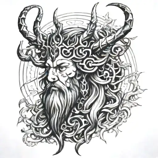 Clock Horned God Black Line Art