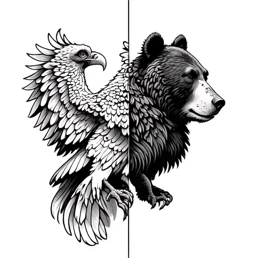 A Tattoo Design Featuring A Griffon Vulture And Bear As Two Sides Of Personality Coming As One