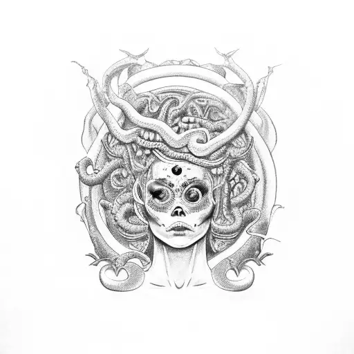 Calavera Femenino Con Serpientes Como La Hechicera Griega Medusa