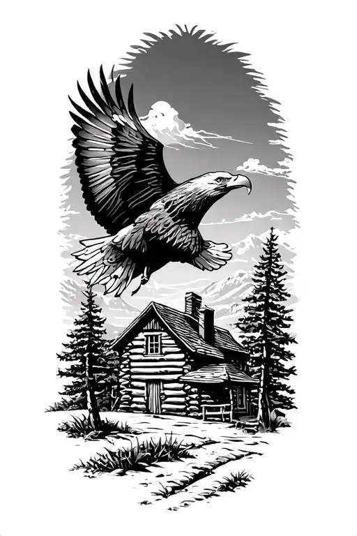Log Cabin Off In The Distance With A Bald Eagle Soaring In The Sky