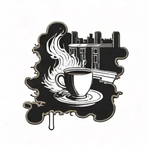 A Steaming Cup Of Coffee With A Truck Silhouette In The Background