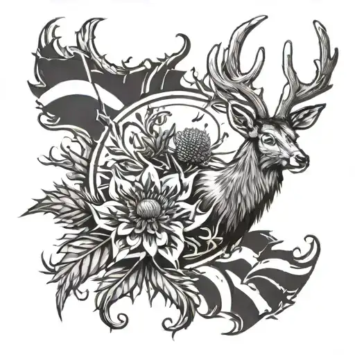 Thistle And Stag With Scottish Flag Intertwined
