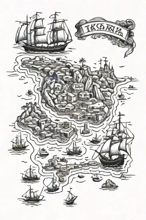 Map Of Ikaria Island Greece Pirate Style With Chests And Loot And Pirate Ships