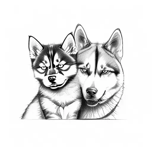 A Sketch-style Portrait Of A Cat And A Husky Cuddling Together