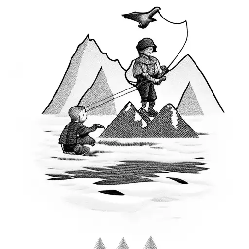 Boy And Grandfathe On Conoe Fishing On Lake With Moutains In The Background