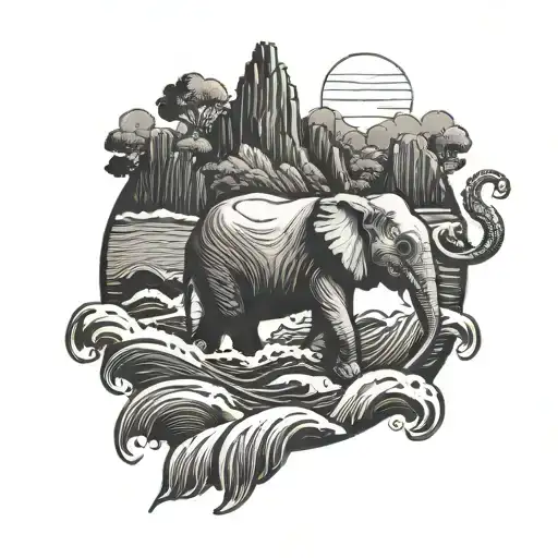 Cliff And Waves With Elephant