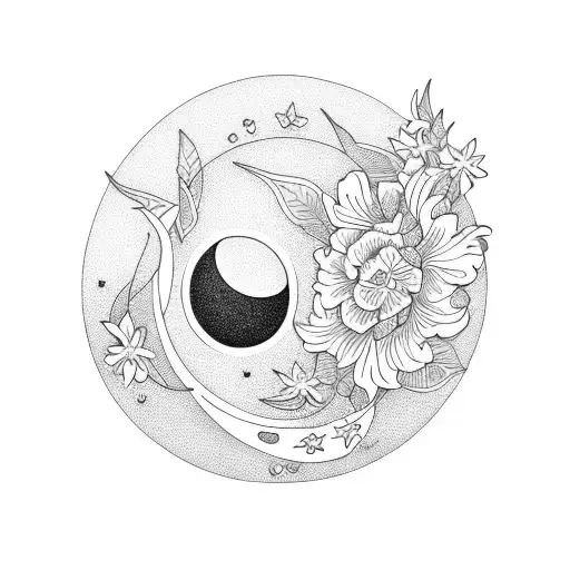 Floral Line Work With Crescent Moon