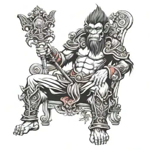Monkey King On A Throne Cocky Holding Staff Smiling With Red Eyes