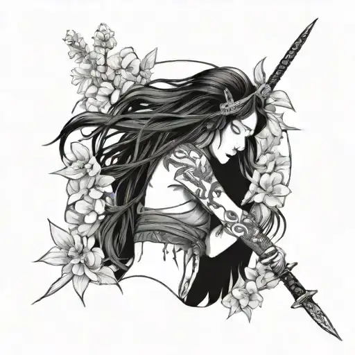 Fallen Female Korean Demon Warrior Clutching Her Sword And Surrounded By Bluebirds And Wildflowers