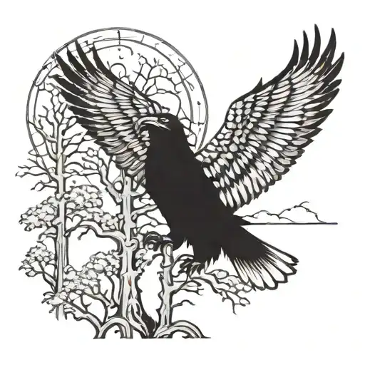 An Eagle And A Full Moon Shining Down In A Forest And A Little Wolf Walking