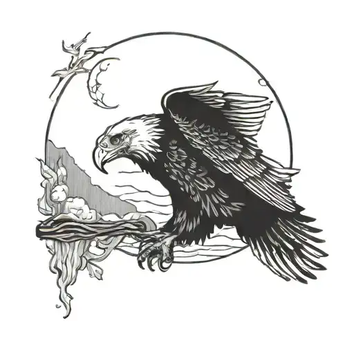 An Eagle Flies And A Full Moon Shines On Its Side Profile Traditional