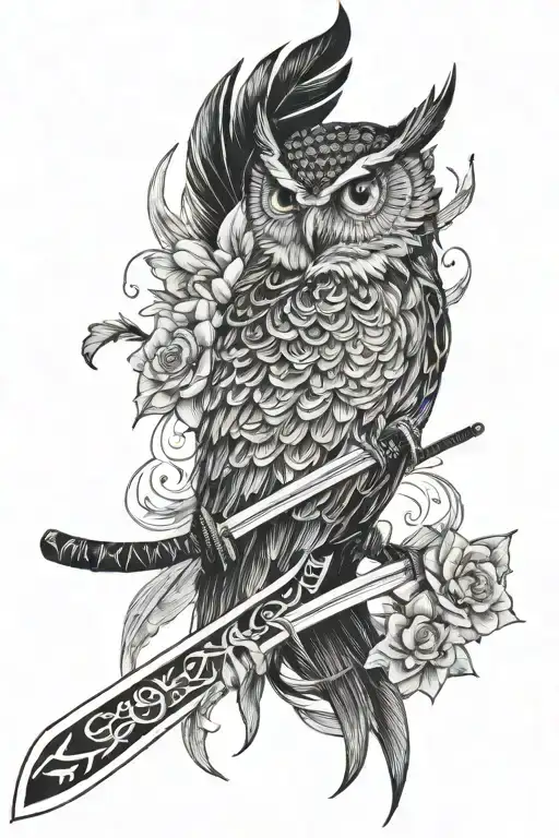 Katana With Burning Butterflies And Burning Owl Feathers