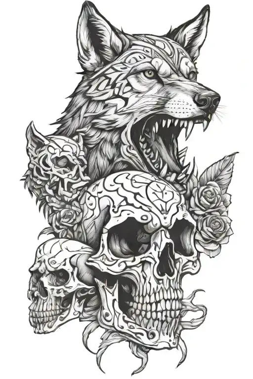 Wolf And Human Skull Inside
