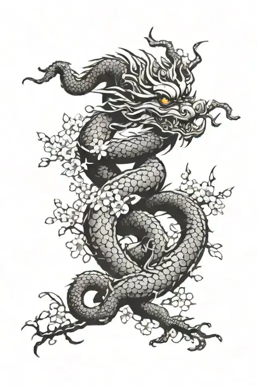 Chinese Dragon Wrapped Around Cherry Blossoms