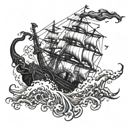 Kraken Destroying Ship Sailing Through Stormy