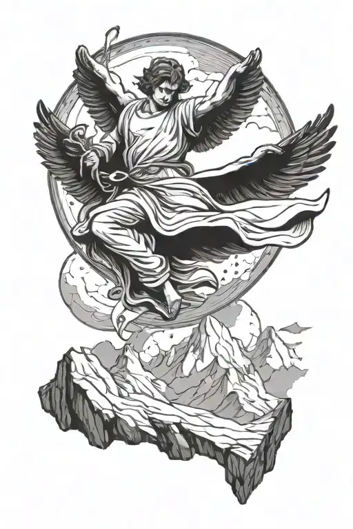 Levitating Male Angel With Wings On A Mountain Background