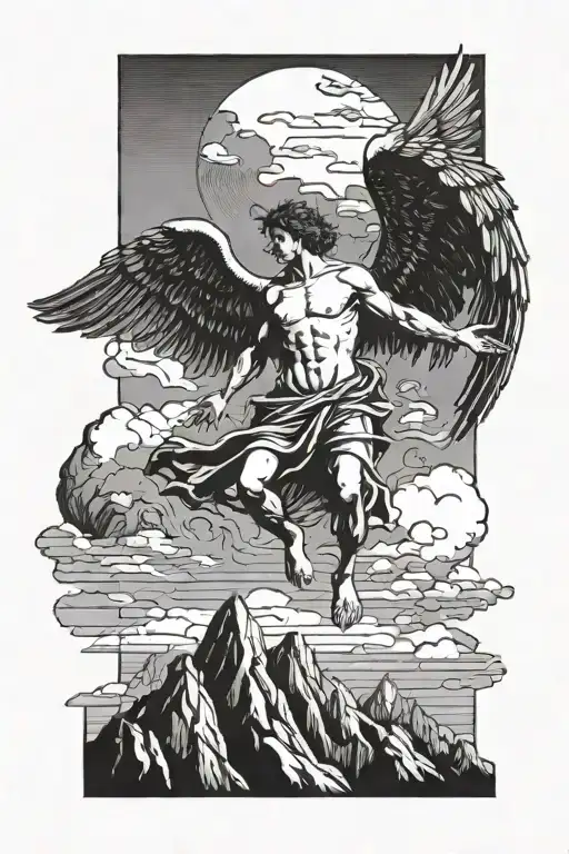Levitating Male Angel With Wings Against A Background Of Mountain Peaks