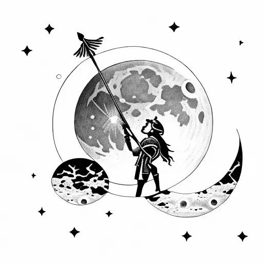 A Sagittarius Looking At The Moon At Night By A Lake In Black And White