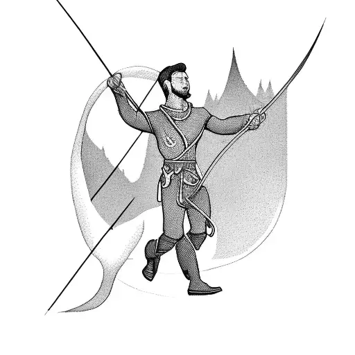 An Archer As He Maintains His Bow Towards The Sky In The Forest