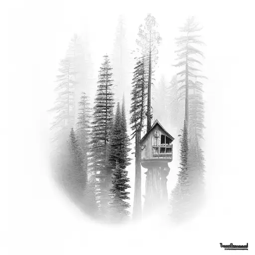 Redwood Forest With A Cabin And Smoke From The Chimney Going Up