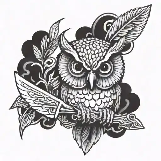 An Owl Holding Two Chef Knives