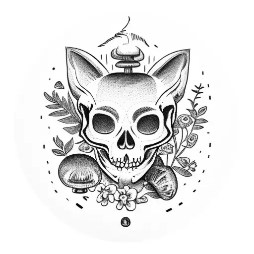 Cat Skull With Mushrooms And Plants Growing Out Of The Eyes