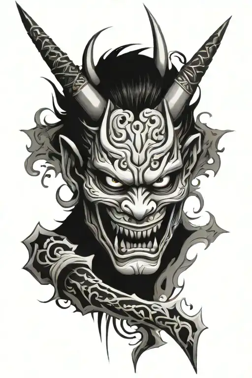 Hannya Mask With Sword Going Vertically