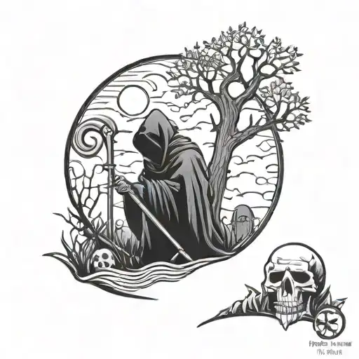 Grim Reaper Holding Scythe In A Grave Yard With A Full Moon