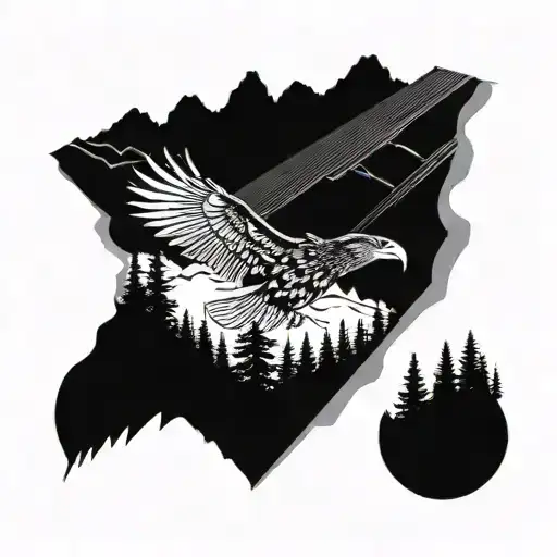 Trees And Mountains Background With Hockey Rink And Bald Eagle
