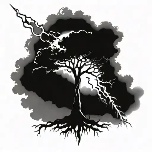 Oak Tree And Lightning Bolts Surrounding