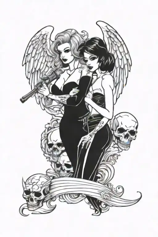 Sexy 2 Woman Gangster Girl Angel And Devil Holding Skull