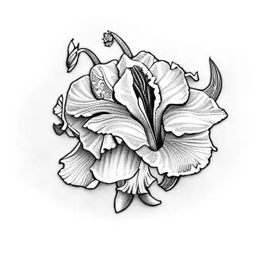 A Blackwork Tattoo Of A Vibrant Iris Surrounded By Delicate Daffodil And Rose Petals